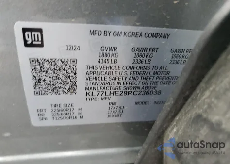 2024 Chevrolet Trax Fwd Lt из США, поврежденный, VIN KL77LHE29RC236038